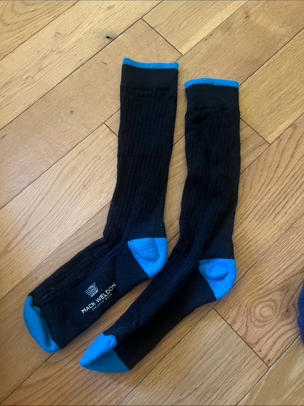 Mack Weldon Black Crew Socks with Bright Blue Accents